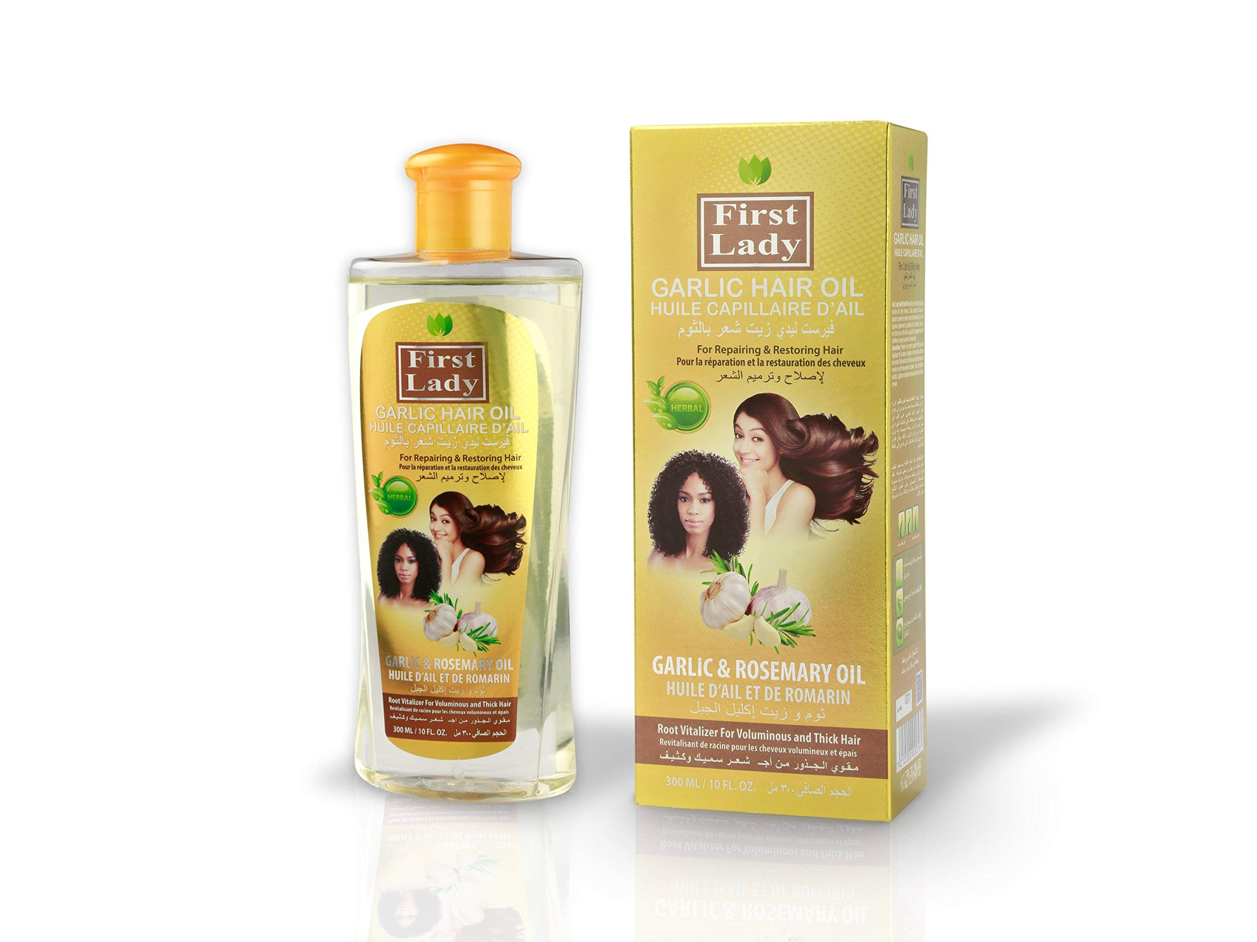 First Lady Herbal (Ayurvedic) GARLIC Hair Oil 300ml – For Repairing & Restoring Hair – With Rosemary - For Afro Asian European Hair Types