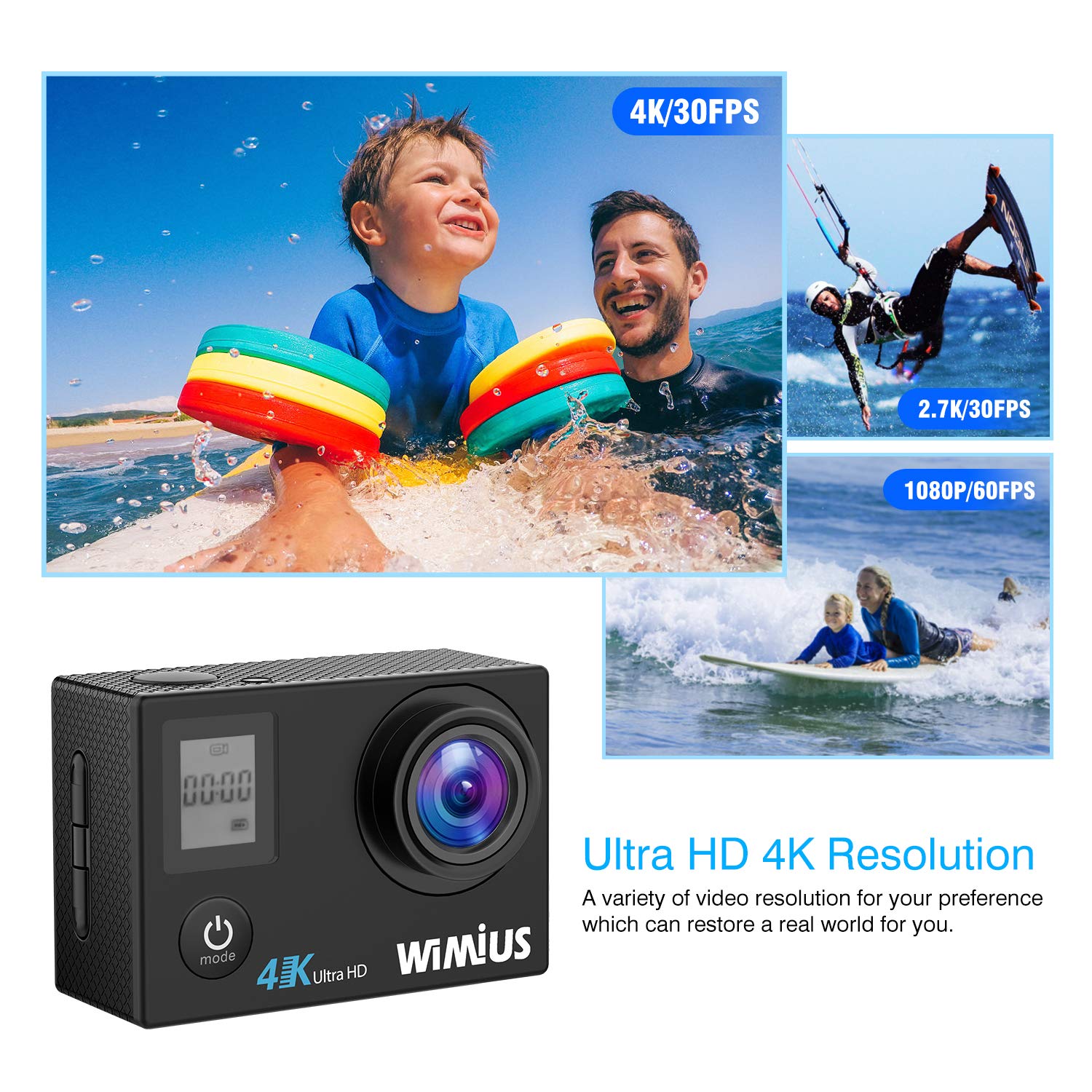 WiMiUS Action Cam 4K 16MP WiFi Subacquea 40M Telecamera d\'azione Fotocamera Impermeabile con 2 batterie Ricaricabili e Kit di Accessori di Montaggio Q4 Nero