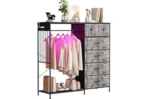 6 Drawers Dresser for Bedroom with Hanging Rack, LED Lights & Charging Station, Wooden Top Storage Chest of Drawers with Char