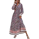 PRETTYGARDEN Long Sleeve Maxi Dress for Women V Neck Casual Button Down Boho Long Floral Dresses