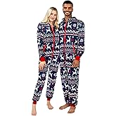 Giggling Getup Matching Pajamas for Couples, Christmas Pajamas for Women and Men, Nordic Reindeer Pattern Hooded Jumpsuits
