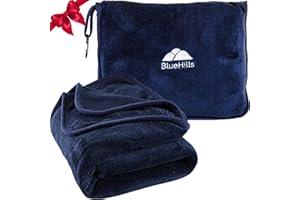 BlueHills Premium Soft Long Travel Blanket Pillow for Tall Airplane Flight Blanket Throw Luggage Belt & Backpack Clip Compact Packable Car Large 2 in 1 Combo Warm Gifts Navy Blue T051