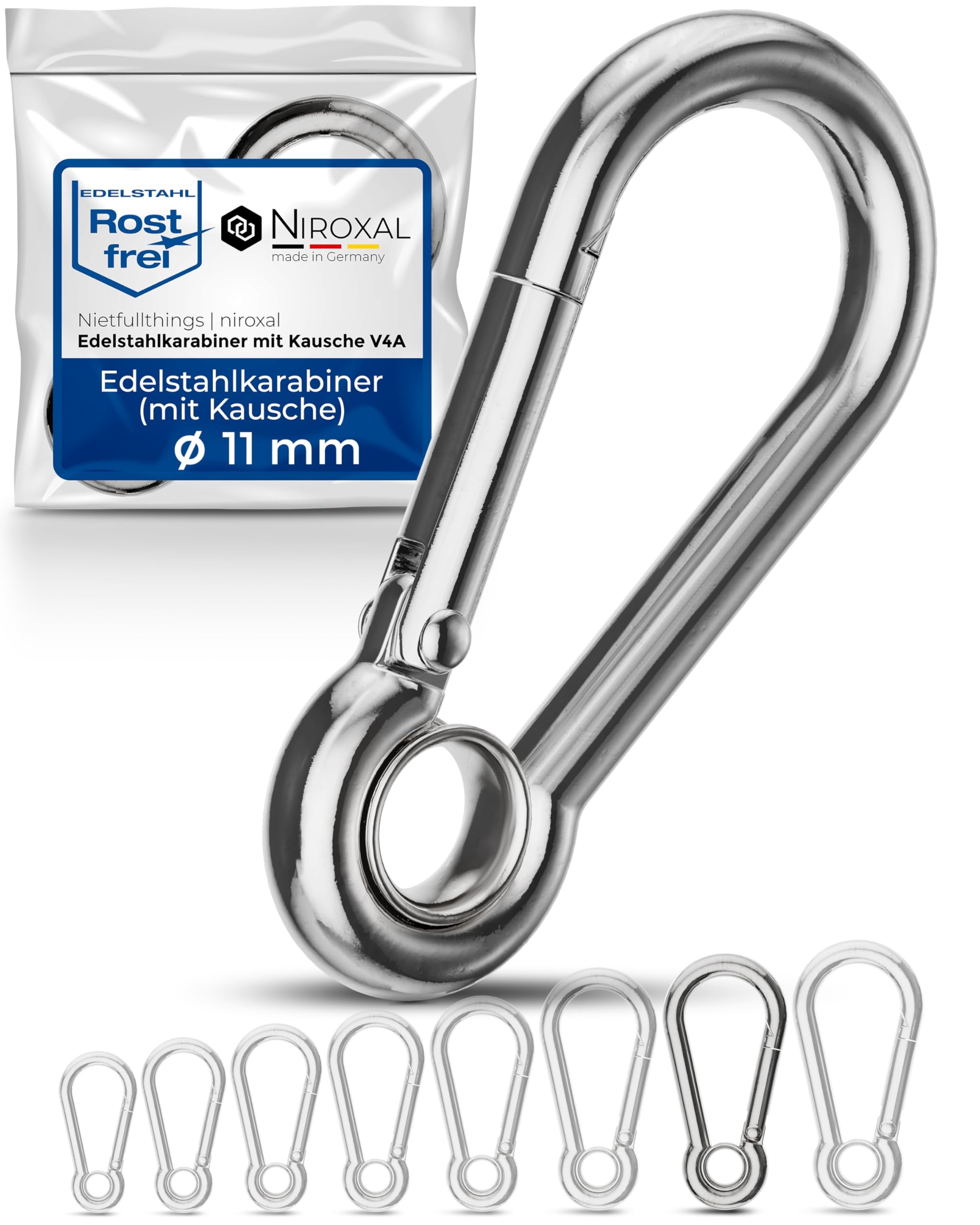 Niroxal 11 mm Stainless Steel Snap Hook with Eye Thimble – Heavy Duty Carabiner Clip – Marine Grade 316 – Spring Snap Hook – Pack of 2