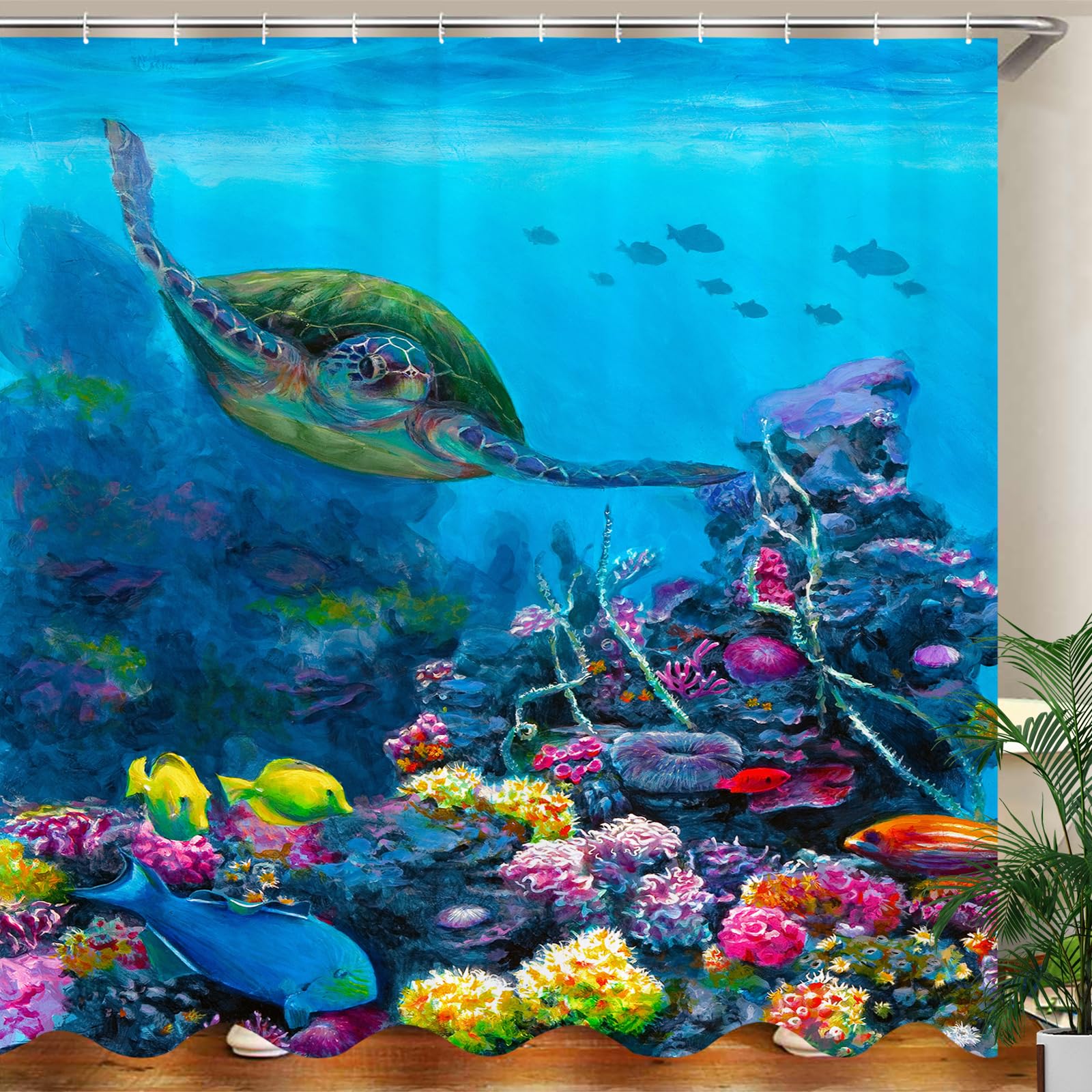 JOOCAR Design Shower Curtain, Nature Scenery Colorful Turtle Underwater World Ocean Animal Sea Tortoises Abstract Impression Theme, Waterproof Cloth Fabric Bathroom Decor Set with Hooks, 180x180 cm