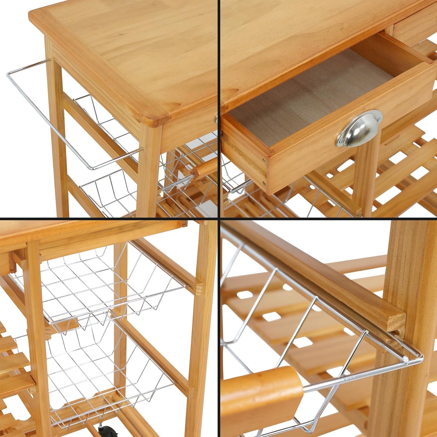 Nova Microdermabrasion Rolling Wood Kitchen Island Storage Trolley Utility Cart Rack w/Storage Drawers/Baskets Dining Stand w/Wheels Countertop (Wood) (Wood Top) - Kitchen Islands & Carts