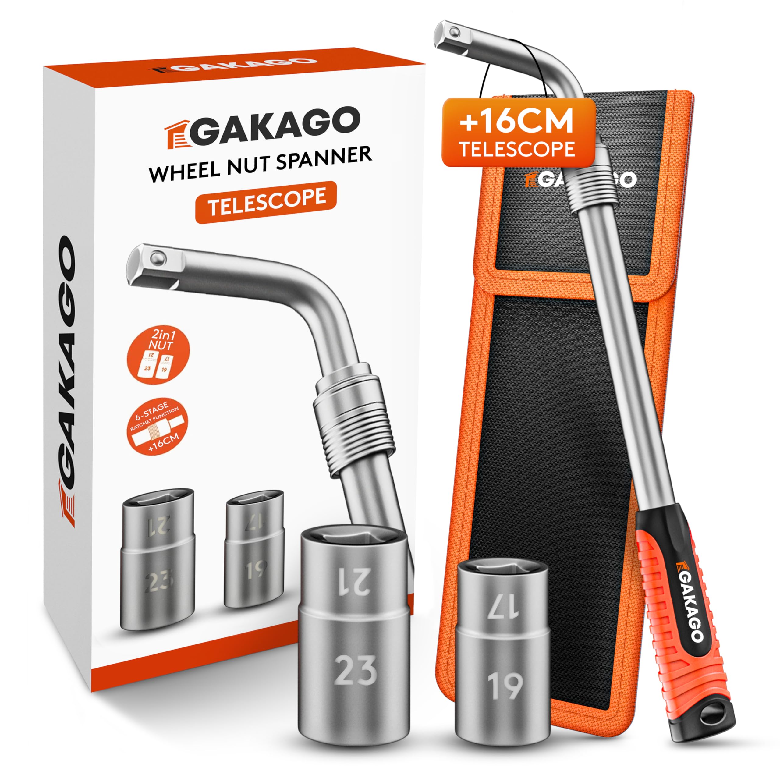 Gakago Telescopic Wheel nut Spanner Set with 17/19mm & 21/23mm Socket 1/2 inch - Extra Long extendable Wheel Spanner - Practical Storage Bag with Hook-and-Loop Fastener and Hanging Loop