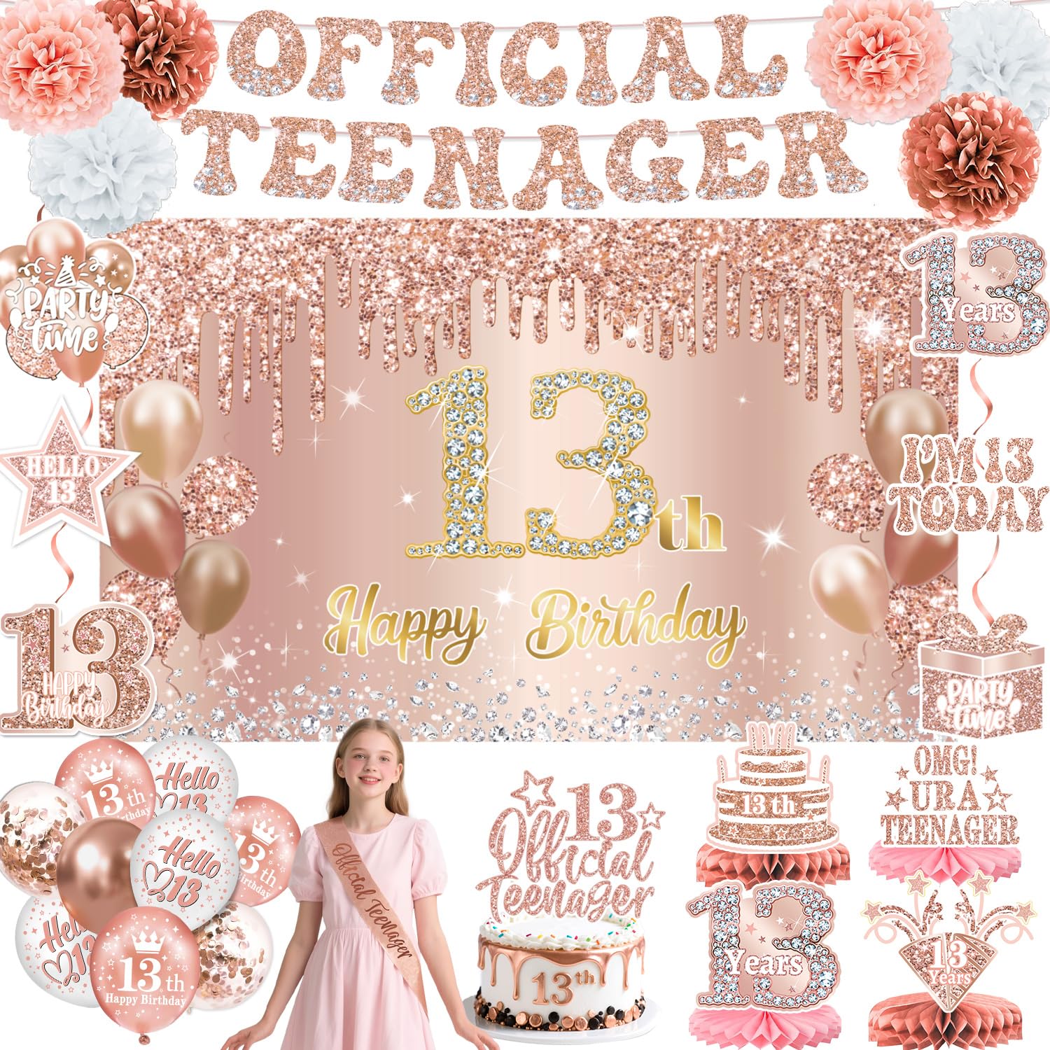 Photo 1 of 13th Birthday Decorations for Girls – 53pcs Official Teenager Decorations Backdrop, Banner, Honeycomb Centerpieces, Hanging Swirls, Foil & Latex Balloon, Cake & Cupcake Toppers, Sash, Pom Poms