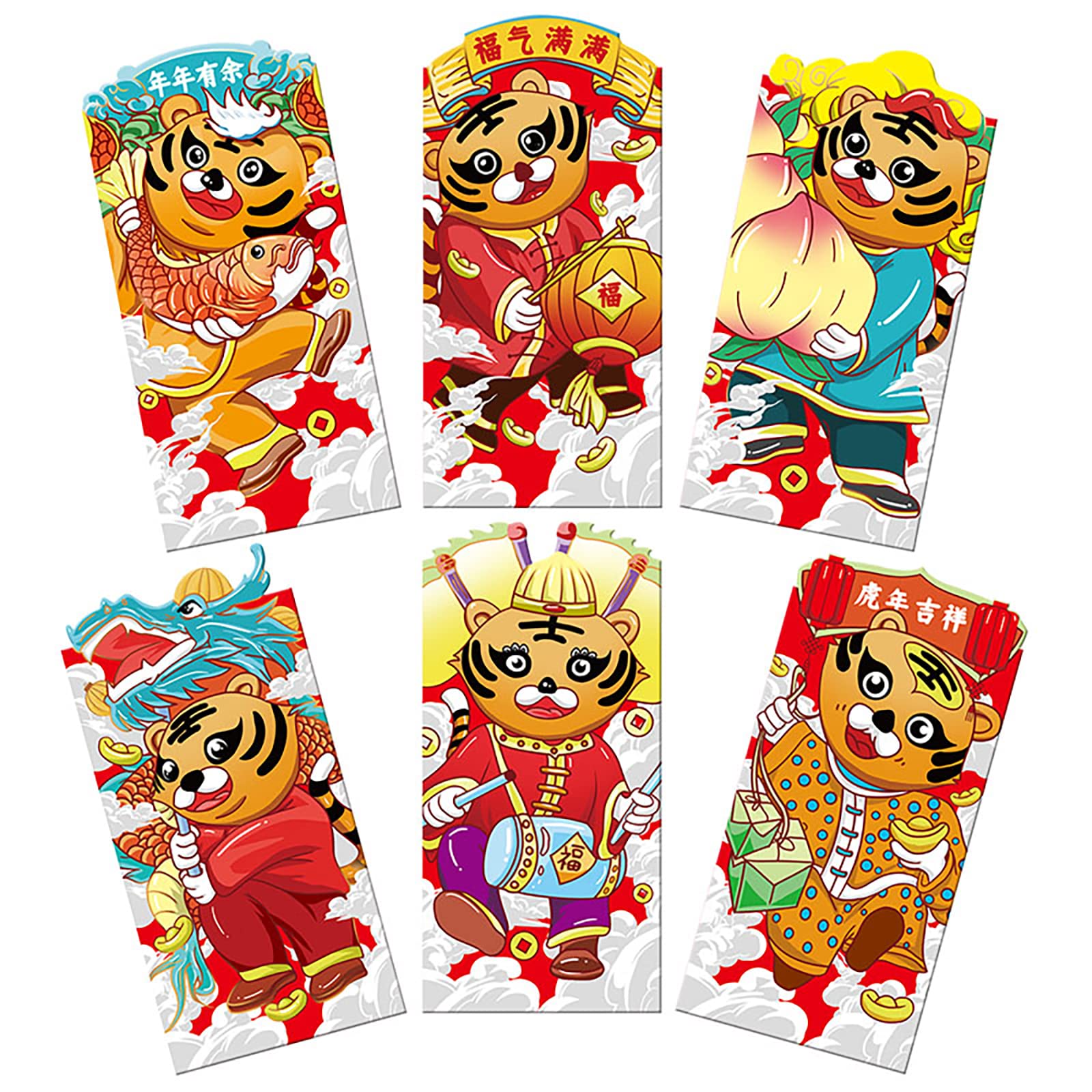6 Pieces Chinese Red Envelopes Hongbao 2022 Year of The Tiger Red Packet Spring Festival Lucky Money Cute Packet for Wedding New Year, (6.4 x 3.5 Inches) (B)
