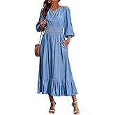Eddoyee Women's Casual Maxi Dress with Pockets V Neck Midi Dresses Elbow Sleeve Elastic Waist Tiered Trendy Summer Outfits 2026(Light Blue, Large)