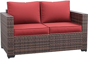 Amopatio Patio Loveseat, Outdoor Furniture 2-Seat Wicker Porch Furniture Outdoor Couch Sofa with Water-Resistant Cover & Non-Slip Cushions, Premium Patio Set,Burgundy