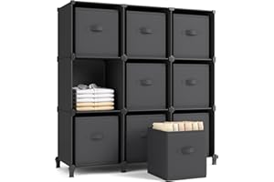 SONGMICS Cube Storage Organizer with Storage Boxes, Set of 9-Cube Organizer, 9 Collapsible Non-Woven Fabric Bins, Customizable, Space-Saving, Bedroom, Ink Black and Dove Gray ULPC092B01