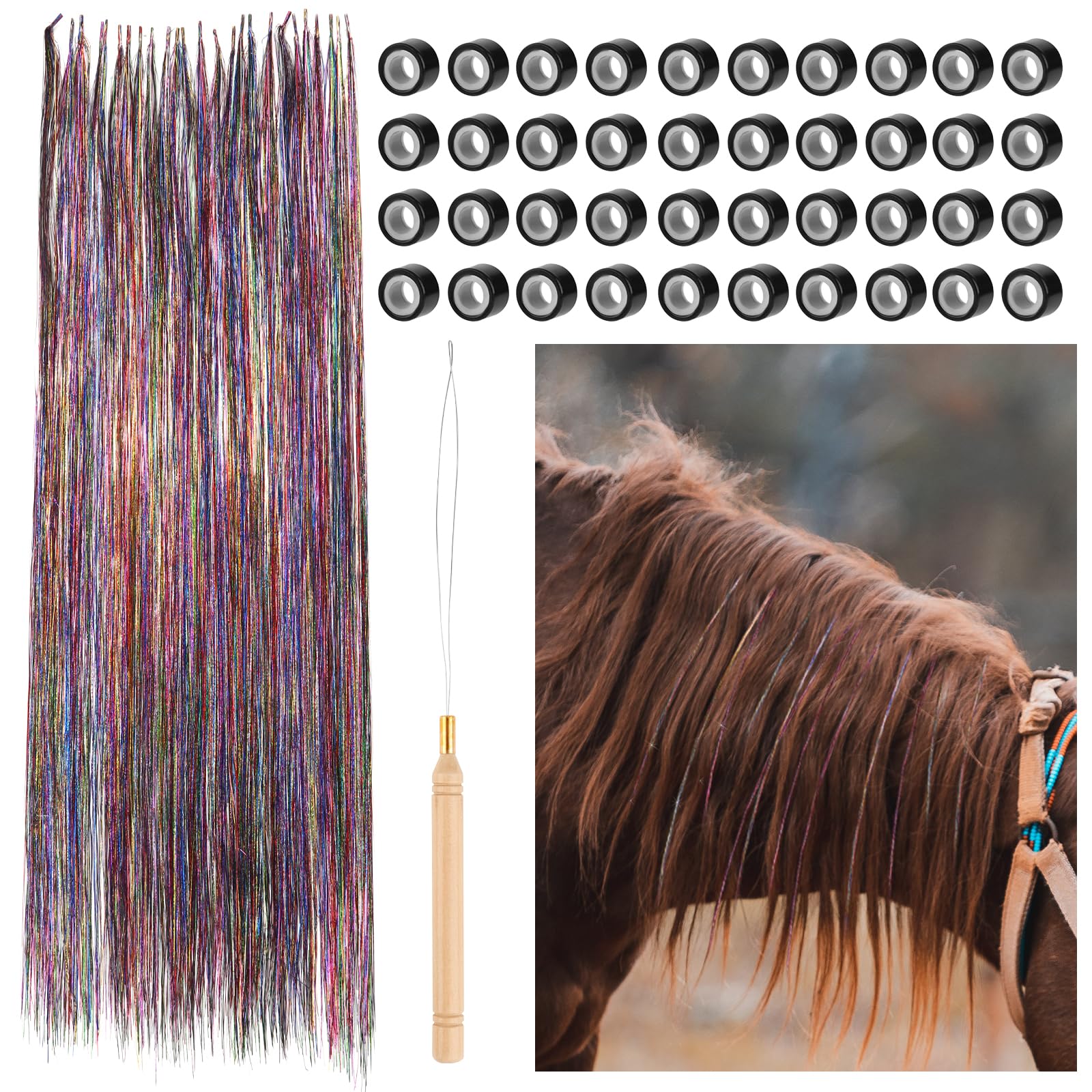 NQEUEPN 40pcs Horse Bling Accessories Set, Colorful Horse Mane and Tail Tinsel Tassel Horse Glitter Hair Extensions Decorations for Western Wedding Bride Horses Celebrations, with Tools