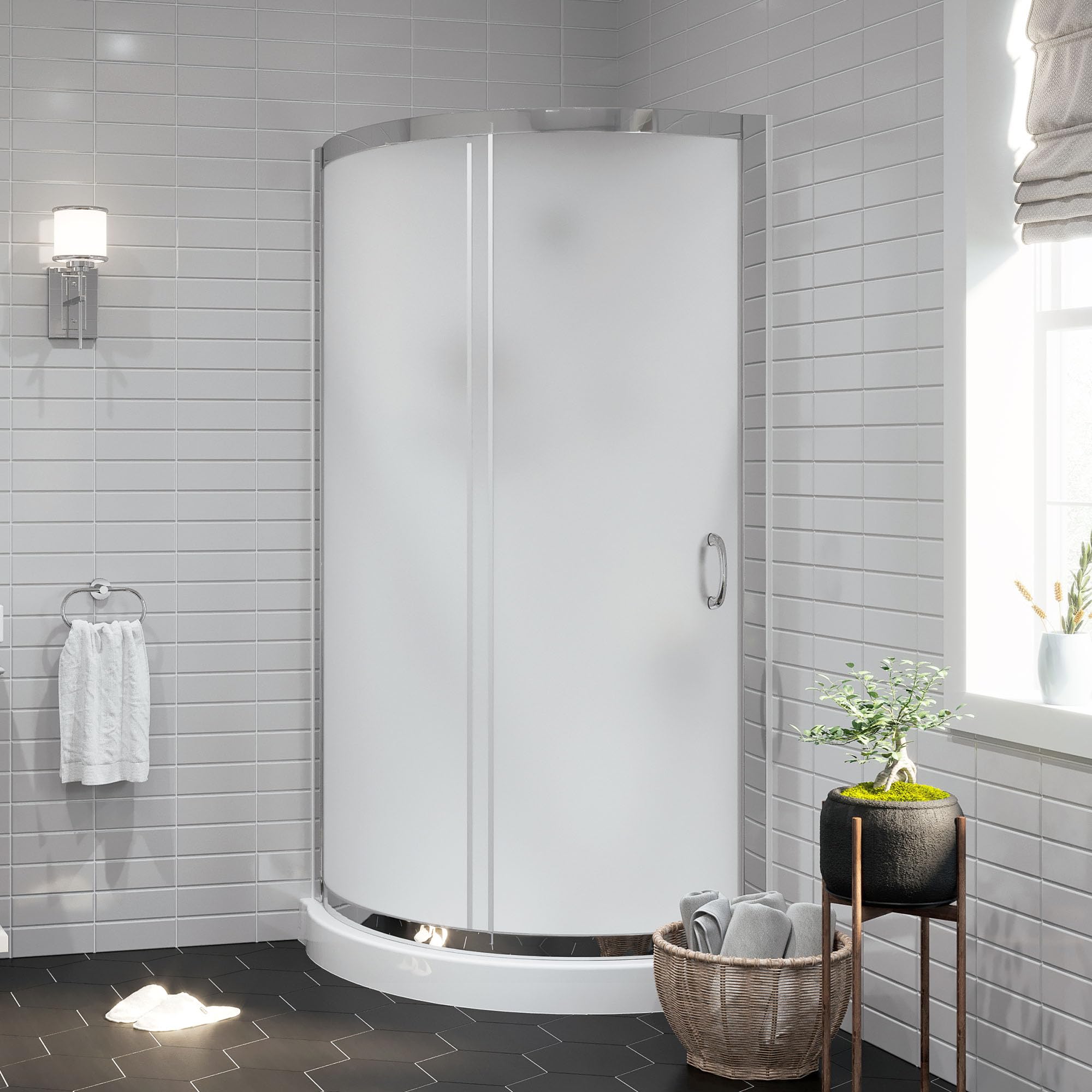 Photo 1 of ***FACTORY SEALED***
OVE Decors Breeze 34 in. Corner Shower Frosted Sliding Door, With Base and Walls in Chrome Finish
