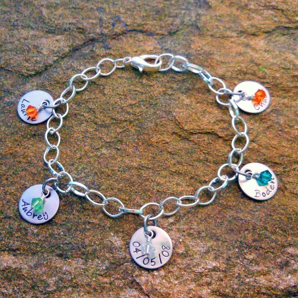 Personalized Mother's Bracelet | Name Charm Bracelet | Hand Stamped Name Discs with Birthstones