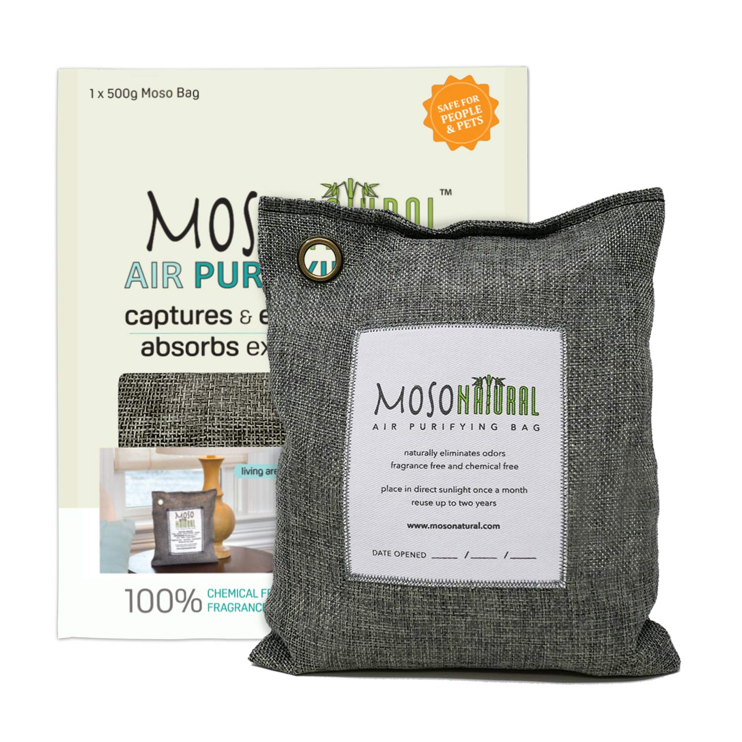 Moso Natural Air Purifying Bag 500g | Premium Bamboo Charcoal Odor Absorber for Home, Bedroom, Kitchen, Basement | Unscented Pet Odor Eliminator | Large Room Charcoal Deodorizer Bag Covers 250sqft