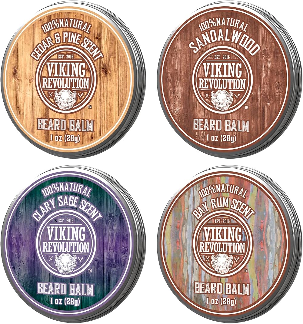 Viking Revolution Beard Balm 4x28g Variety Pack Sandalwood Pine Cedar Bay Rum