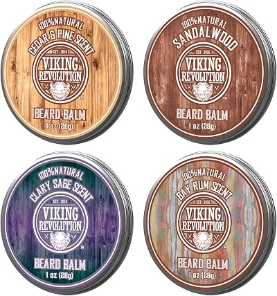 Viking Revolution Beard Balm 4x28g Variety Pack Sandalwood Pine Cedar Bay Rum