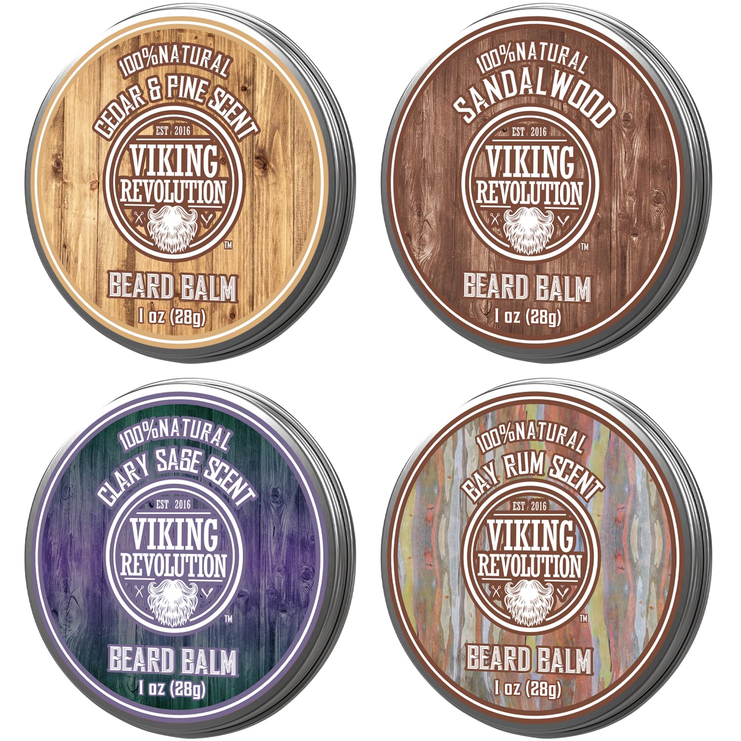 Viking Revolution - Beard Balm - 4 x 28 g Variety Pack - Sandalwood, Pine & Cedar, Bay Rum, Clary Sage - Beard Wax For Men - Styles, Strengthens & Softens - Gifts for Men