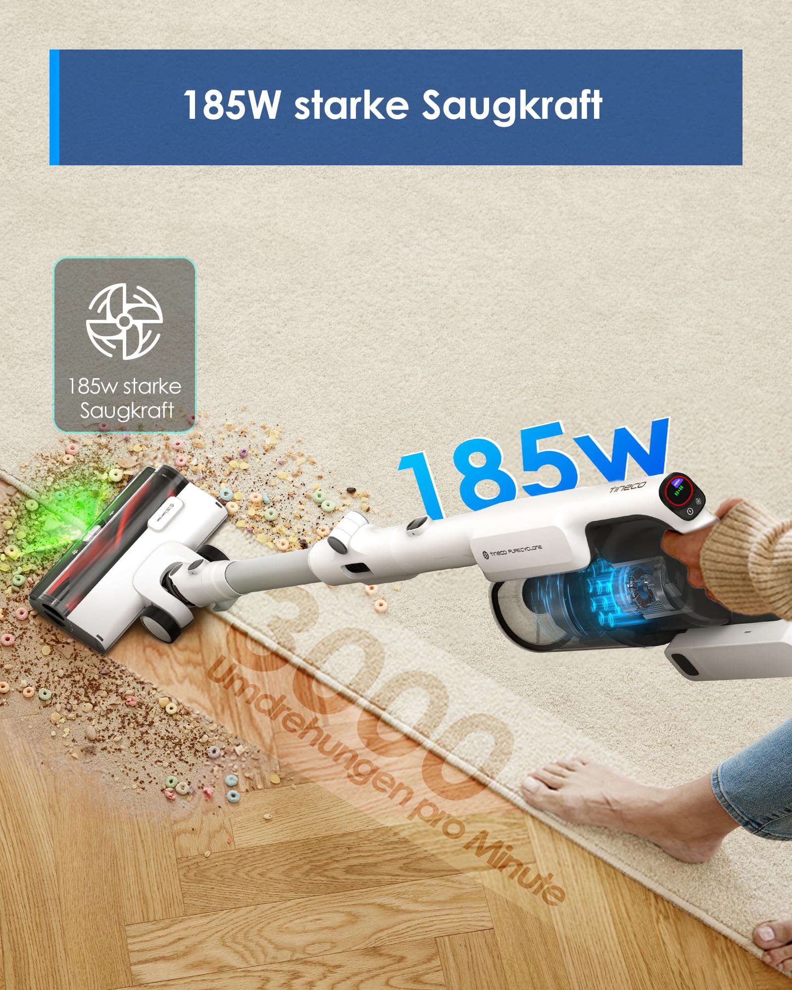 Tineco Pure ONE A50S Plus Kabelloser Akku Stabstaubsauger, Flex Akkusauger 70 Min., 3DSense Power Bürste, PureCyclone Technol. 1L Staubbehälter, 185W Saugleistung für groben Schmuze & Tierhaare 6