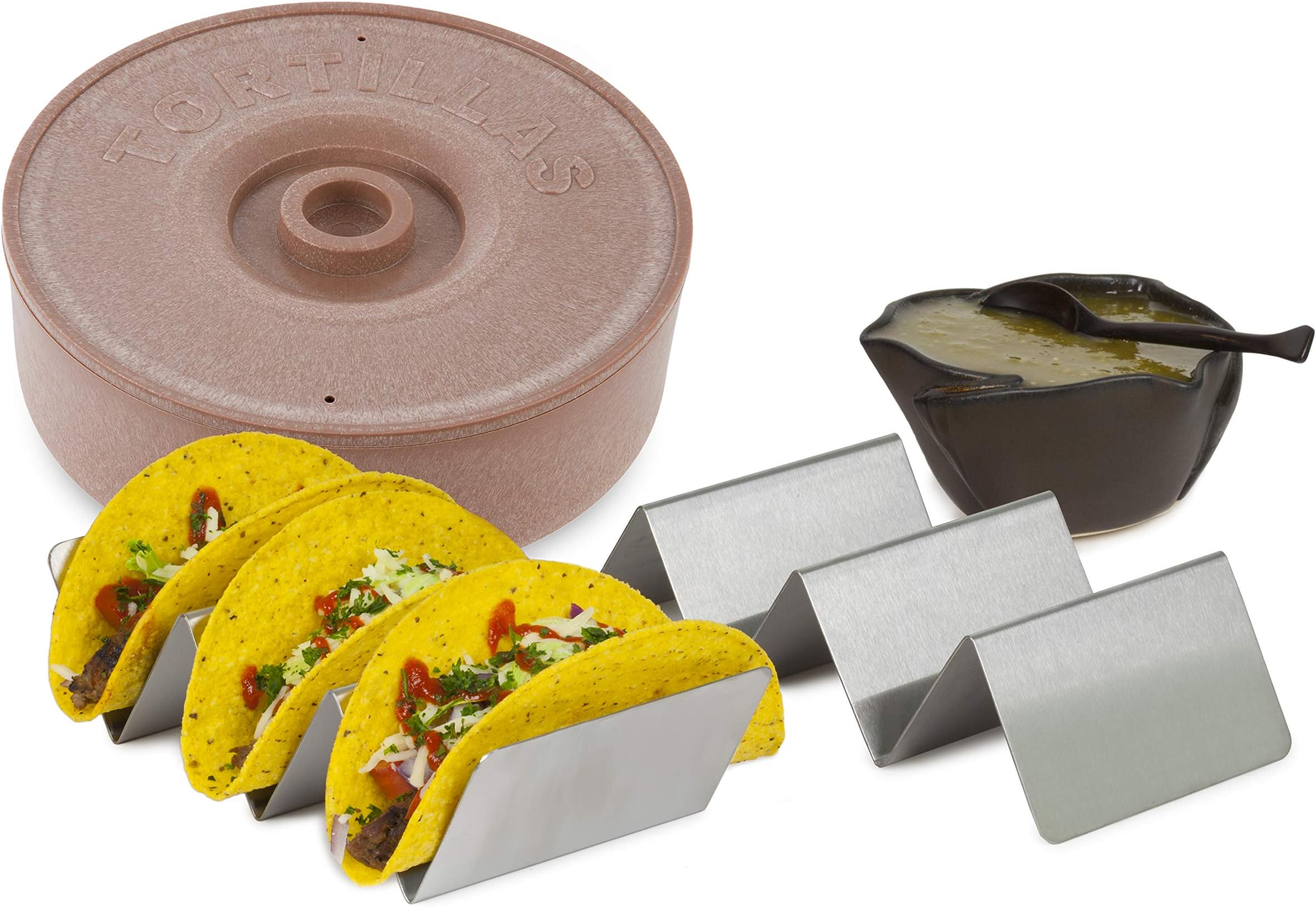 Newbury Home Tortilla Warmer and Taco Stand Combo: 2PK Stainless Steel Holders + 1 BPA Free Tortilla Keeper With Lid - Taco Stand/Storage, Microwave Tortillas - Perfect Gift Idea