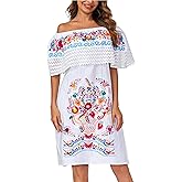 Women's 2024 Embroidered Summer Dress Lace Casual Ruffle Off-Shoulder Sleeveless Dress Boho Flowy Dress