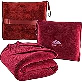 BlueHills Premium Soft Travel Blanket Pillow Airplane Blanket Packed in Soft Bag Pillowcase with Hand Luggage Belt and Backpack Clip Compact Large Long Flights Traveler Essentials Lightweight Red T001