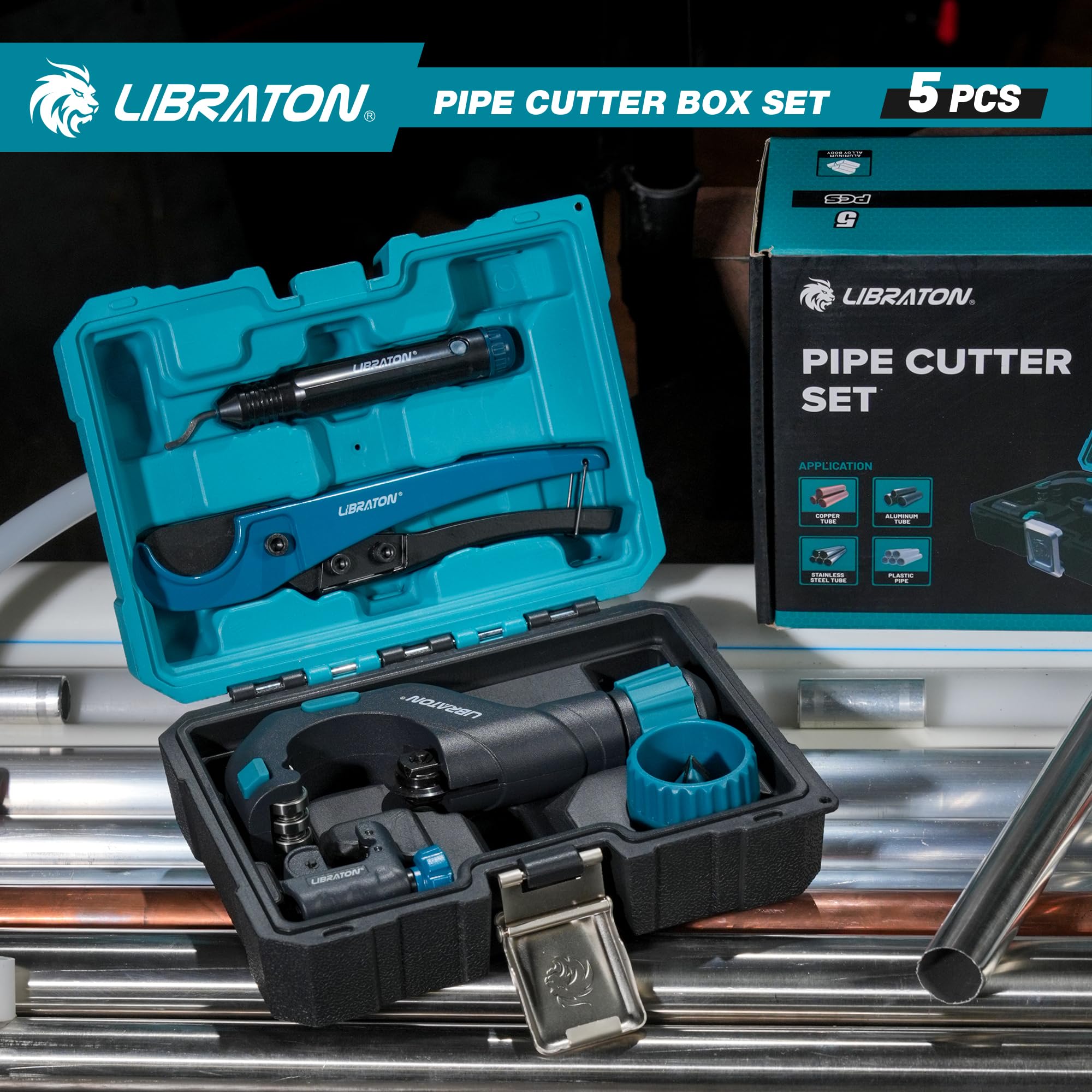 LIBRATON Rohrschneider 3-50MM, Hochleistungs-rohrschneider Edelstahl, PEX-Rohrschneider, Entgrater und Rohrreibahle, 5tlg Rohrabschneider Set für Kupfer, Aluminium, PEX, PVC, mit Aufbewahrungsbox 9