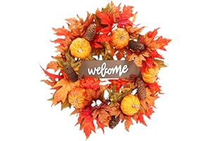 COLMOXY 20 Inch Fall Wreaths for Front Door, Fall Decor Autumn Maple Leaves Pumpkin Pine Cone Wreath, Fall Decorations for Harvest Thanksgiving Halloween Farmhouse Home Outside Window Wall