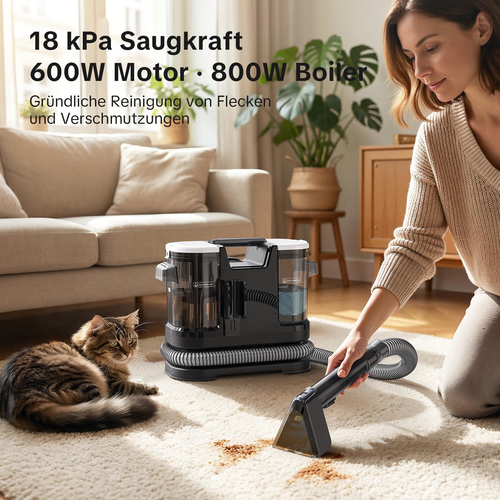 Lubluelu Nasssauger Polsterreiniger Gerät 18 kPa, 1400 W, Teppichreiniger Waschsauger mit 10 Sek. Schnellheizung auf 35–60 °C und Selbstreinigung, tragbarer Teppichreiniger für Teppiche, Auto & Sofas 2