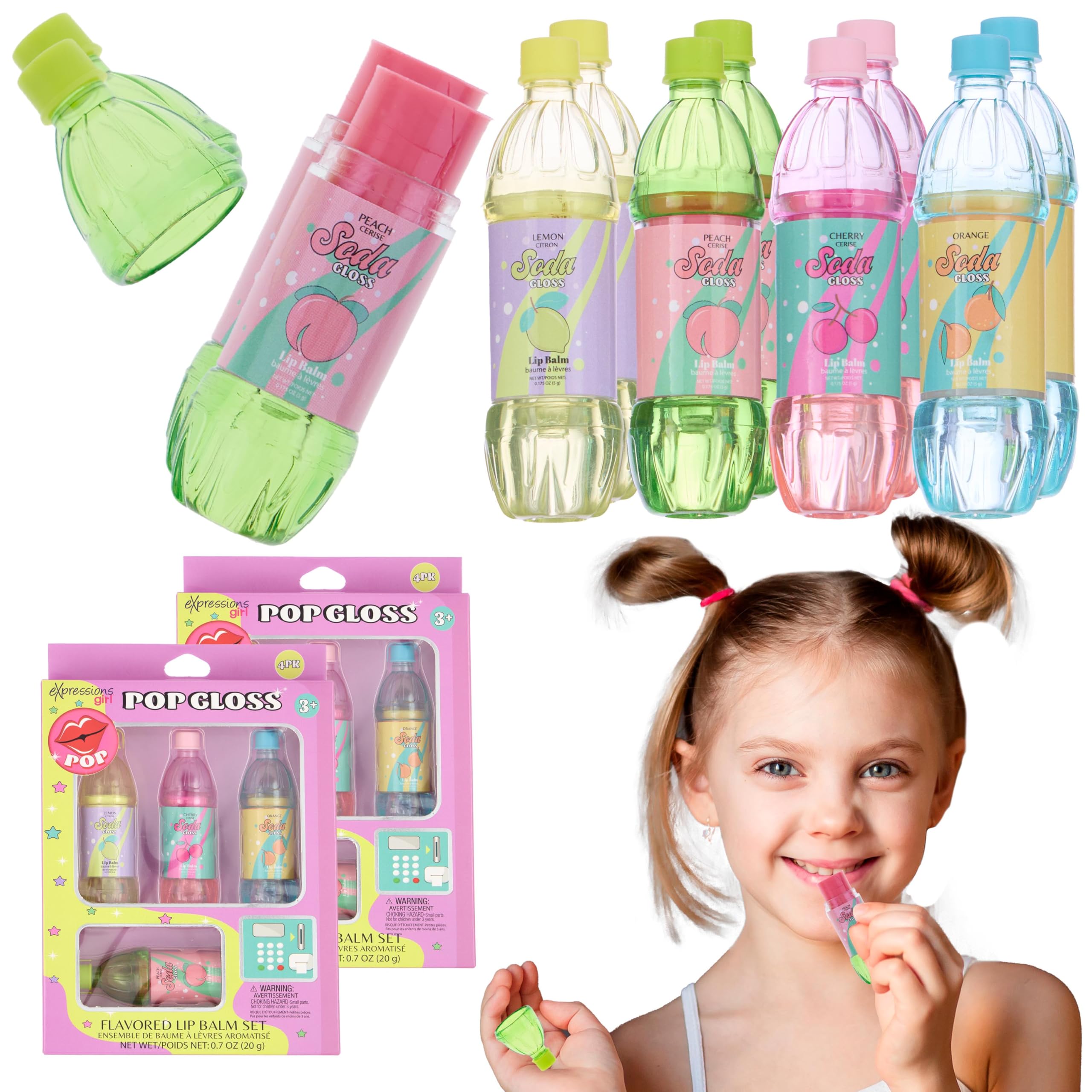 8pc Pop Gloss - Novelty Soda Fruity Flavored Lip Balm Set, Vending Machine Soda Lip Balm Collection, Safe and Non-Toxic Lip Gloss Gift Set For Girls