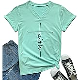 DANVOUY Women's T Shirts V-Neck Faith Shirts Funny Graphic Casual Short Sleeve Tops