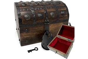 Nautical Cove Wooden Treasure Chest with Padded Velvet Lining and Antique Lock with Skeleton Keys (Small 8x6x6) – Luxury Wood Pirate Chest, Wooden Keepsake Box, Decorative Box with Lid