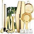 Homestia Gold Boston Shaker Set, Martini Cocktail Shaker Set, Boston Shaker, Bar Strainer, Bar Jigger, Muddler, Bar Spoon, Tongs, Pourers 9 Pcs Bar Tools Set with Recipes Cards