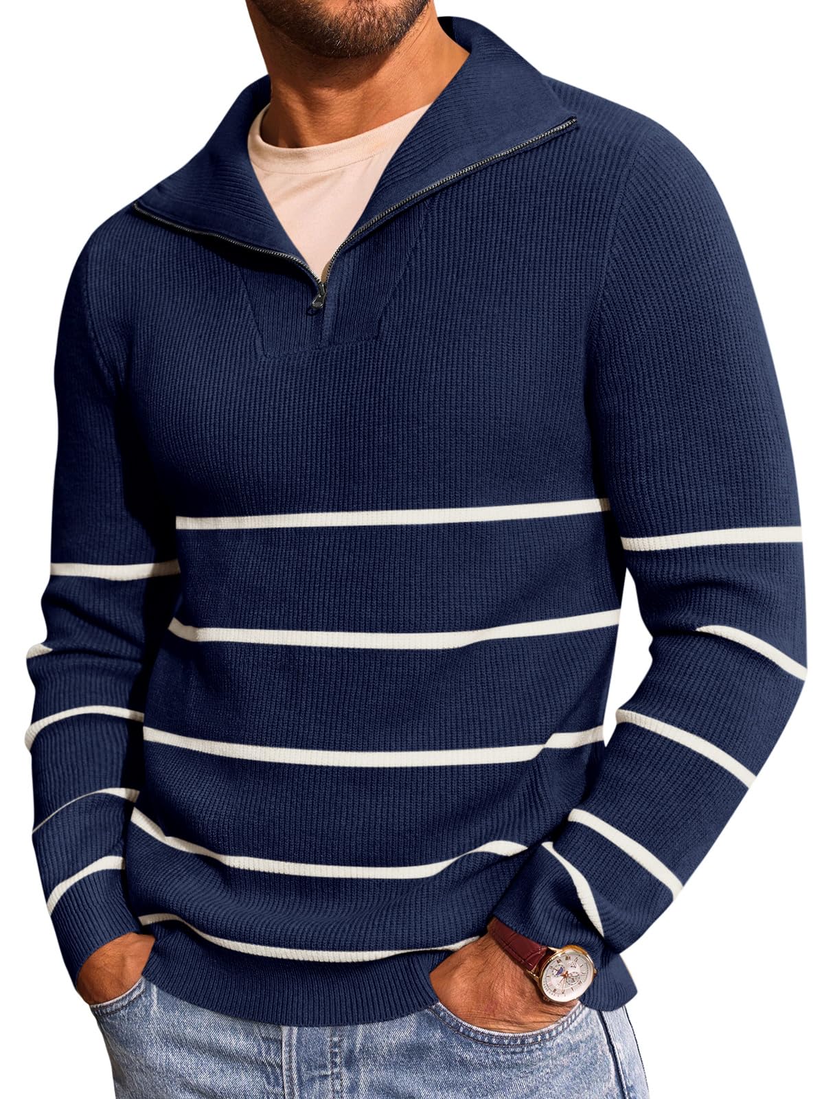 Photo 1 of Runcati Mens Quarter Zip Pullover Mock Neck Striped Pullover Sweater Casual Fall Ligtweight Polo Sweaters Navy