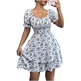Floerns Women's Summer Floral Print Square Neck Puff Short Sleeve Dress Cute Ruffle Layered A Line Short Dress