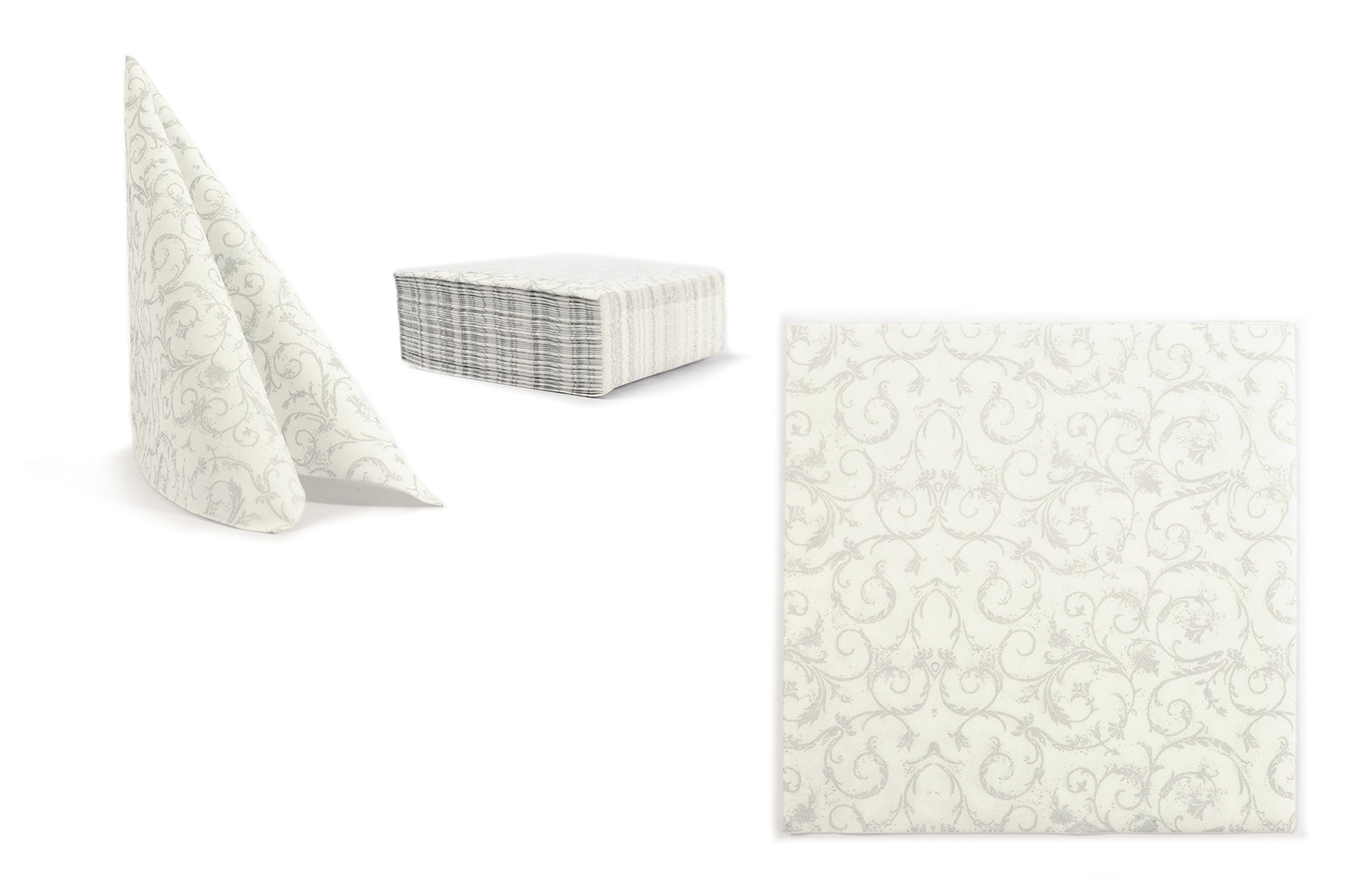 Chic Airlaid Pack of 50 Premium Airlaid Napkins, Linen Feel, White/Silver Jacquard Decoration
