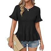 Yousify Womens Short Sleeve Sweater Round Neck Ruffled Hem Texture Knit Pullover Shirt Summer Beach Lightweight Tops