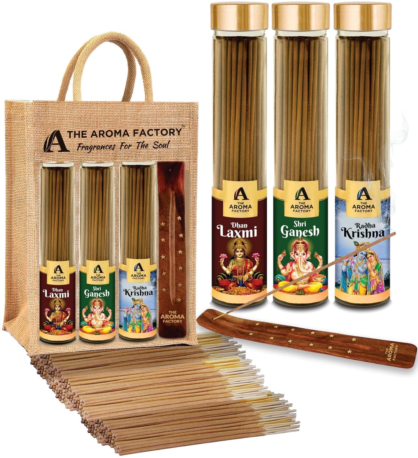 The Aroma Factory Organic Incense Sticks (Laxmi, Ganesh, Radha Krishna) No Charcoal | Non Toxic | Aromatic Indian God Fragrance | Herbal Pooja Agarbatti, 3x100g Jute Gift Set with Wooden Holder