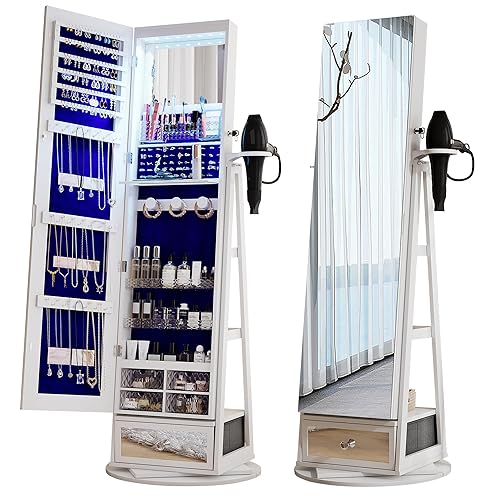 HWB Full-Length Mirror with Jewelry Storage: 360° Swivel Standing
