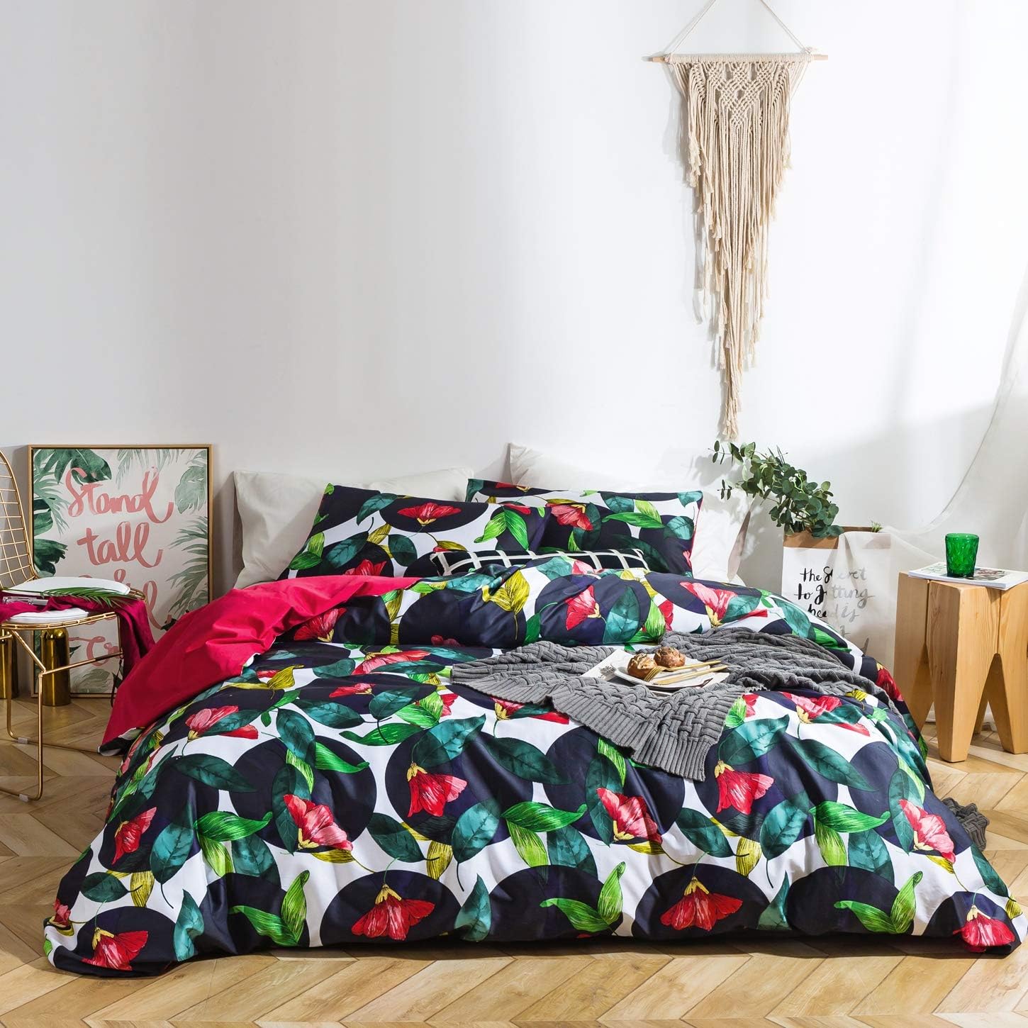 SUSYBAO 3 Piece Duvet Cover Set 100% Egyptian Cotton King Size Red Botanical Floral Print Bedding Set 1 Circle Geometric Duvet Cover with Zipper Ties 2 Pillowcases Luxury Quality Ultra Soft Breathable