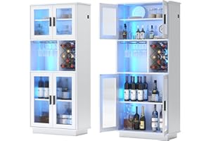 LVSOMT LED Wine Bar Cabinets with Removable Wine Rack, Bar Cabinets for Liquor with Light Motion Sensor, Kitchen Cabinet Storage for Dinning Room, Living Room (White)