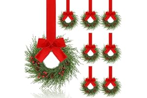 Knitgrip 9'' Small Christmas Kitchen Cabinet Wreaths with Plaid Bow Ribbon Mini Hanging Christmas Wreath Artificial Greenery Wreath for Front Porch Wall(8 Pcs,Red Velvet Color)