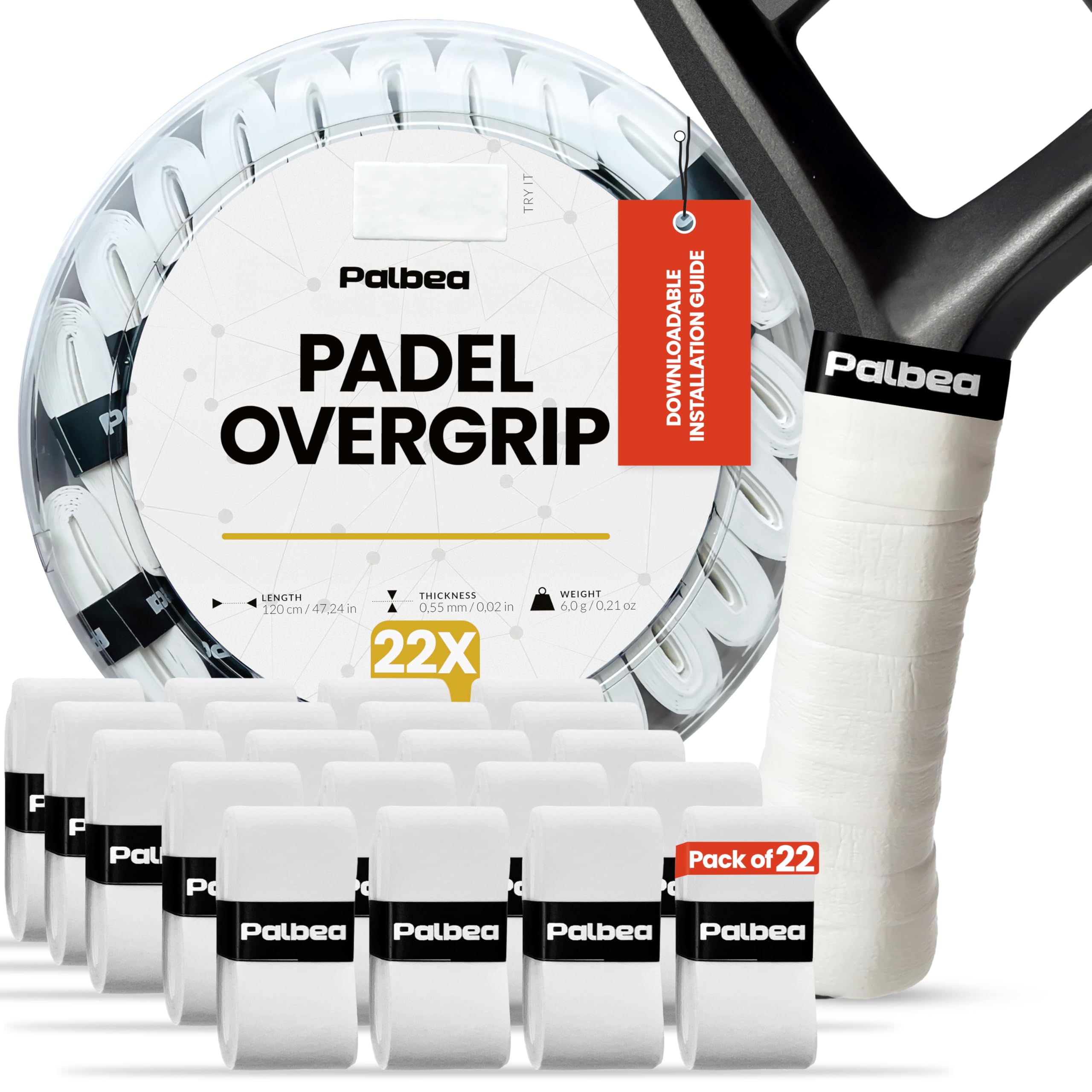 Palbea Padel OverGrip in White - Extra Tacky - Pack of 22 - Superior Sweat Absorption - Non-Slip Grip Tape for Padel & Tennis Rackets - Soft Feel - Specially Crafted for Padel Racquets.