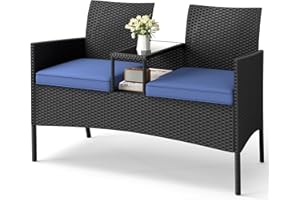 Tangkula Patio Loveseat with Built-in Table, Wicker 2-Seat Furniture with Soft Cushions & Tempered Glass Tabletop, Metal Frame Outdoor Conversation Seating Bench for Backyard, Porch