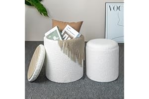 CAROLMADE Set of 2 Round Ottoman with Storage, Upholstered Vanity Stool Support 300lbs Multifunctional Coffee Table Ottoman Boucle Foot Rest Stool or Living Room Bedroom (White)