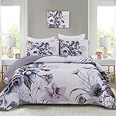 Drucon Purple Floral Quilt Set Queen Size 3 Pieces Purple Botanical Flower Quilt Coverlet Set Soft Microfiber Lightweight Quilted Bedspread for All Season 90"x96"