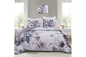 Drucon Purple Floral Quilt Set Queen Size 3 Pieces Purple Botanical Flower Quilt Coverlet Set Soft Microfiber Lightweight Quilted Bedspread for All Season 90"x96"