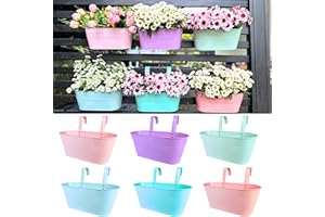 LÁLÁGREEN LaLaGreen Outdoor Hanging Planter (11.2 Inch, 6 Pack) Light Pink, Light Purple, Turquoise, Light Blue, Peachy Pink, Cadet Blue Metal Iron Window Flower Pot Deck Railing Balcony Fence Rail Garden Decor