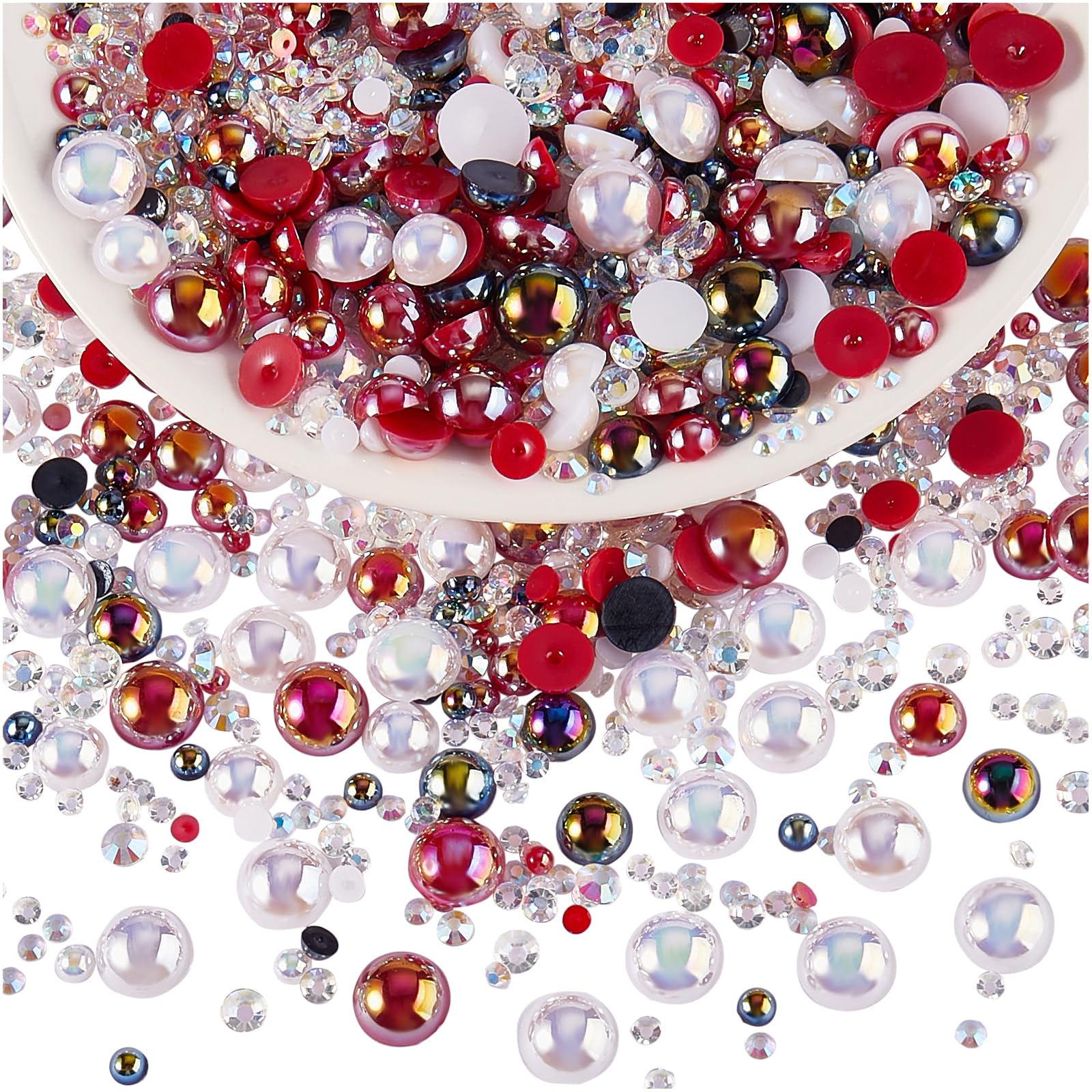 BEEFLYING 60g Mix Flatback Pearls & Resin Rhinestones Half Round Pearl Beads for Crafts 3mm-10mm Half Pearl Rhinestone for Face Art Tumblers Bottles Clothes Gift Card Jewelry Decor(Reddish Black)