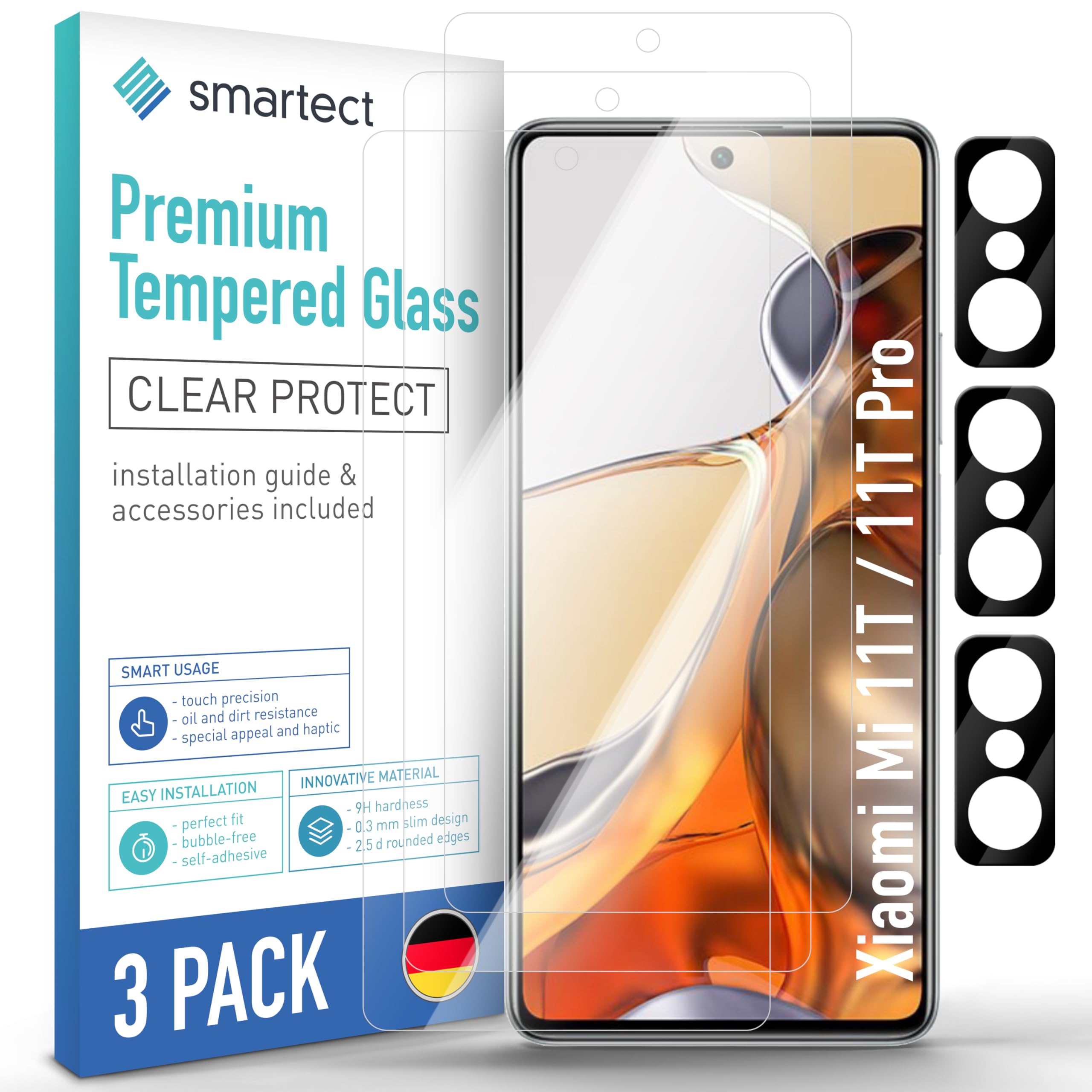 smartect Glass Screen Protector [3 + 3 Pieces, Ultra-Clear] for Xiaomi Mi 11T / 11T Pro, Display + Camera, HD Protective Film Anti Scratch, Bubble Free, 9H Hardness, Ultra Resistant
